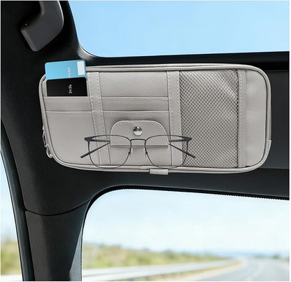 Car Sun Visor Organizer, Multi-Pocket Leather Auto Storage Pouch with Glasses Clip & Zippers, Multifunctional Sun Visor Storage Bag Ticket Organizer for Cars Trucks SUVs (Gray)