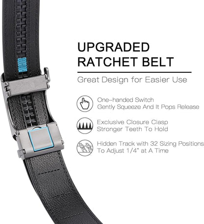 GAEKEAO Mens Belt Leather 1 3/8" - Micro-Adjust Buckle Ratchet Belts for Men Dress Casual to Formal Trim to Fit with Gift Box