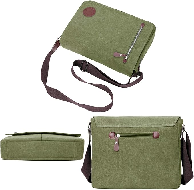 Mactso Vintage Canvas Messenger Bag for Men Women, 13.5 Inch Laptop Satchel Shoulder Bag with Multiple Pockets, Crossbody Bag for Work Travel College (Army green)