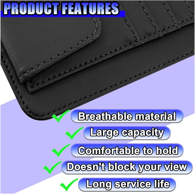 Leather Car Sun Visor Organizer, Multifunctional Auto Visor Document Holder with Sunglasses Clip, Universal Vehicle Interior Pocket Storage Accessories for Drving License, Card, Pen (Black)
