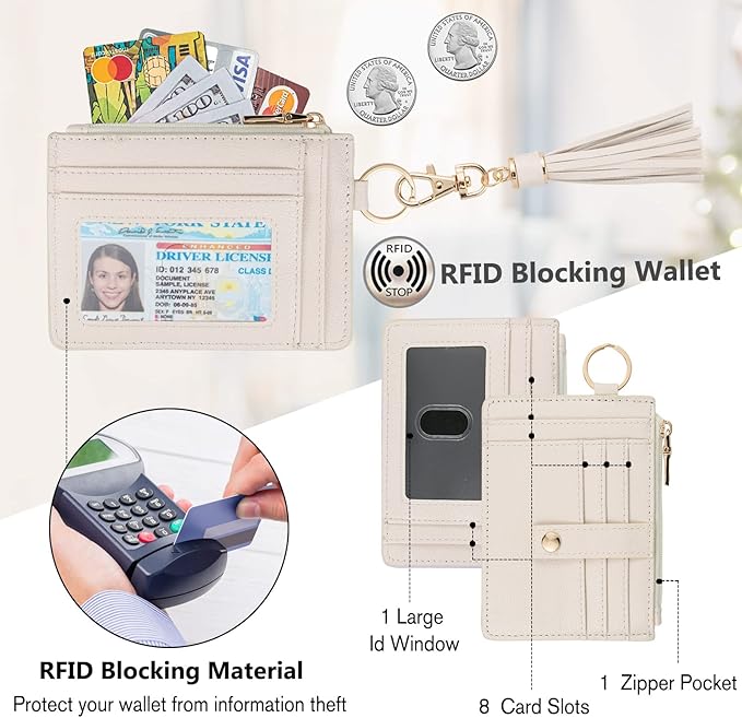 KNGITRYI Wallet Keychain Wristlet for Women,Slim RFID Credit Card Holder Purse Tassel Keychain Bangle Key Ring for Men Women