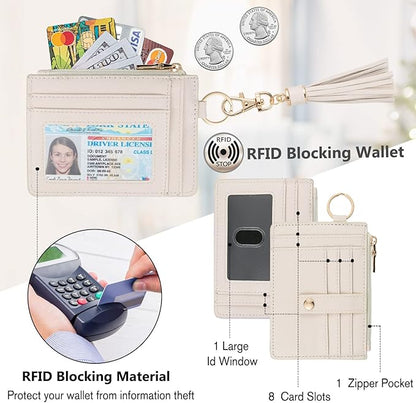 KNGITRYI Wallet Keychain Wristlet for Women,Slim RFID Credit Card Holder Purse Tassel Keychain Bangle Key Ring for Men Women