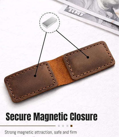 Slim Magnetic Money Clip, Genuine Leather Business Card Holder, Gift Box Included