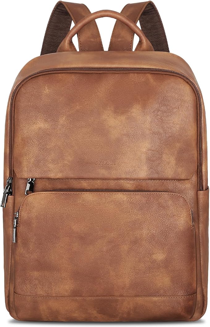 SYTRAH Leather Backpack for Women, Vintage 15.6 inch Laptop Backpack Purse for Women, College Casual Backpacks Ladies Computer Bags for Travel Business Work Mocha Brown