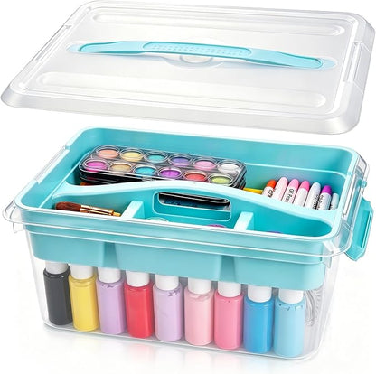 Yesland Stack & Carry Box with Removable Tray, 16 x 11 x 6.5 Inch Plastic Art Supply Storage Organizer Craft Storage Containers with Handle, Portable Organizer Bin for Stationery Sewing Jewelry, Blue