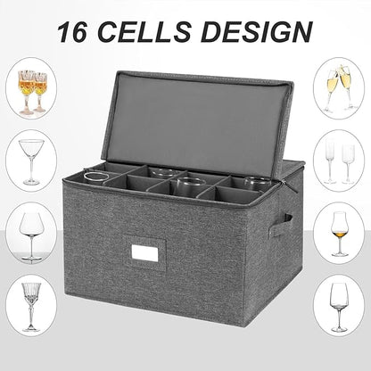 popoly Stemware Storage Cases 2 Pack, Wine Glass Storage Box Containers with Dividers for Glassware or Crystal, Holds 32 Red or White Wine Glasses, Hard Top and Stackable (Grey)