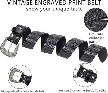 Utaly Men's Casual Leather-Belt, Western-Belt for Women Vintage Carved-Buckle Cowboy-Waist-Belts for Jeans Waist 28"-39"