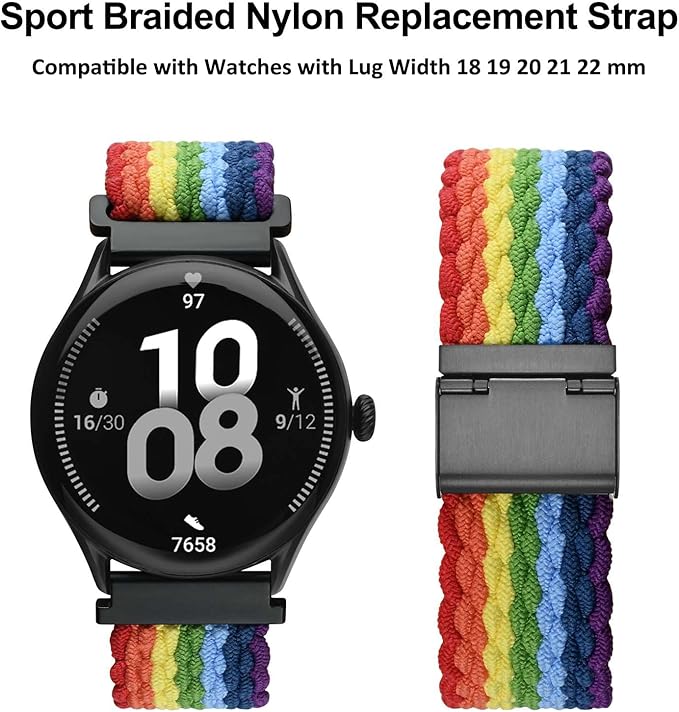 WOCCI 20mm Braided Nylon Watch Band for Men and Women, Quick Release, Black Stainless Steel Buckle (Multicolor)