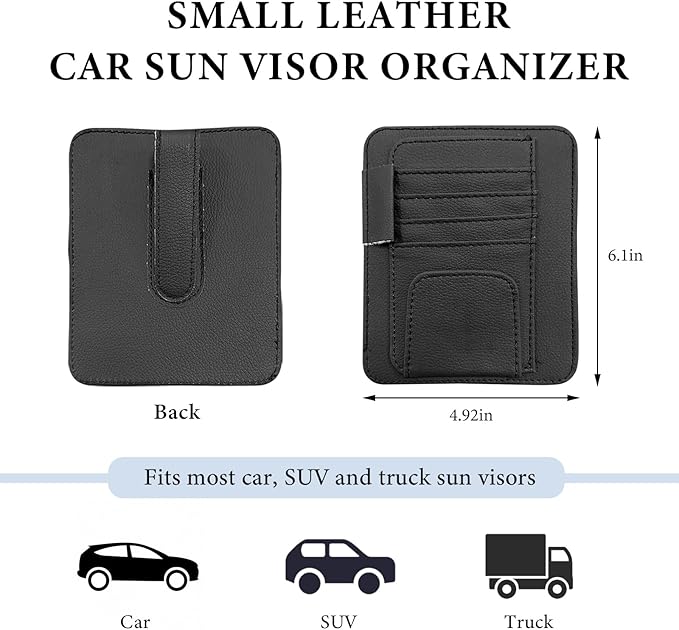 Small Leather Car Sun Visor Organizer, Auto Visor Pouch Card Sleeve Pocket with Sunglasses Clip, Multifunctional Sunvisor Wallet Holder for Driving License Pen Tickets (Black)