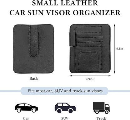 Small Leather Car Sun Visor Organizer, Auto Visor Pouch Card Sleeve Pocket with Sunglasses Clip, Multifunctional Sunvisor Wallet Holder for Driving License Pen Tickets (Black)