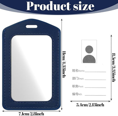 Mabor 2Pcs Leather Badge Holder - Vertical Double-Sided Clear ID Card Sleeve for Office/School/Employee (Navy Blue)