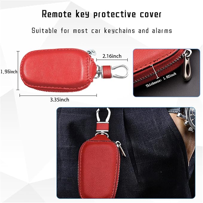 Car Key Case, Genuine Leather Auto Key Fob Cover Case, Key Fob Protector with Metal Hook, Car Smart Keychain Holder (Red)