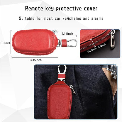 Car Key Case, Genuine Leather Auto Key Fob Cover Case, Key Fob Protector with Metal Hook, Car Smart Keychain Holder (Red)