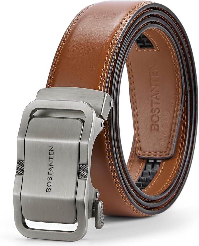 BOSTANTEN Mens Belt Leather Ratchet Belt For Men Dress and Casual with Adjustable Buckle, Trim to Fit