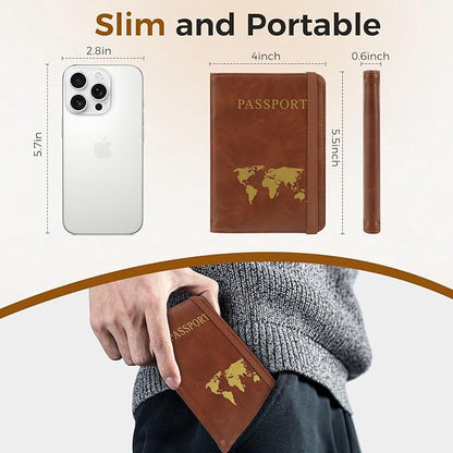 Passport Holder for Travel Women Men - Passport Cover Wallet with Airtag Slot - RFID Blocking PU Leather Passport Holder Case with Card Holder, Pen Slot - Brown