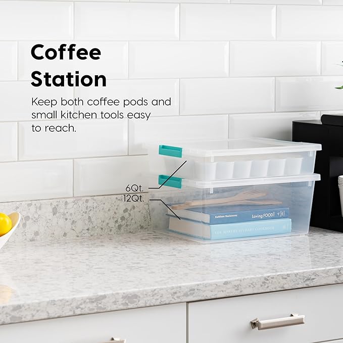 IRIS USA 12 Qt. Craft Storage Bins with Lids, 4-Pack, |Made in USA|, Clip Box, Medium Plastic Sensory Bin Tote Organizer Containers for Art Supplies, Paper, & Office, Stackable - Clear/Seafoam Blue