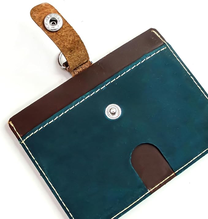 Badge Holder: Boshiho Cowhide Leather ID Badge Card Holder with 19" Neck Lanyard, Horizontal Style (Blue)