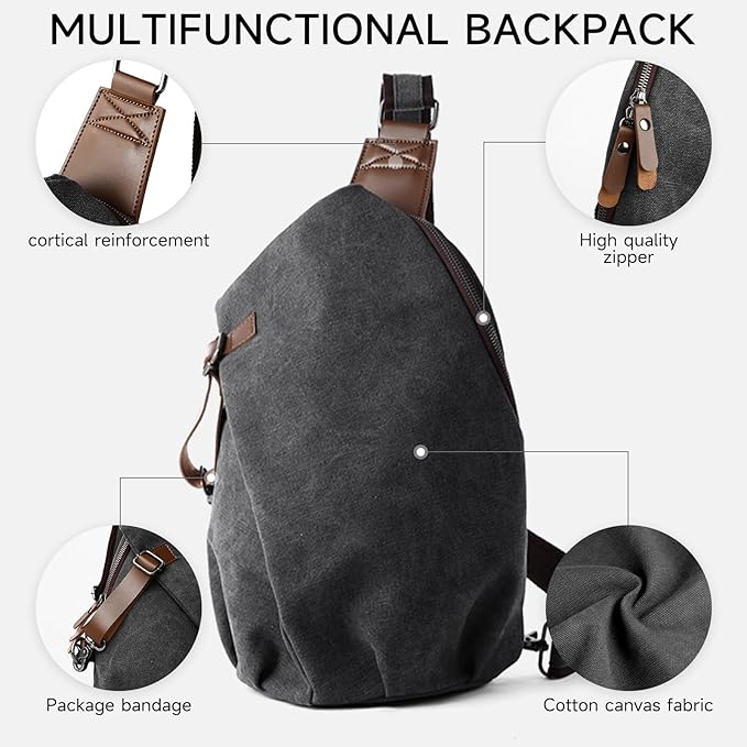 MOYYI Canvas Sling Bag for Men Women, 10L Crossbody Bag Small Backpack, Casual Daypack with Anti-Theft Pocket, Vintage Canvas Shoulder Bags for Travel, Daily, Hiking, Work (Grey)