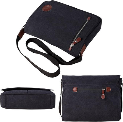 Mactso Vintage Canvas Messenger Bag for Men Women, 13.5 Inch Laptop Satchel Shoulder Bag with Multiple Pockets, Crossbody Bag for Work Travel College (Black)