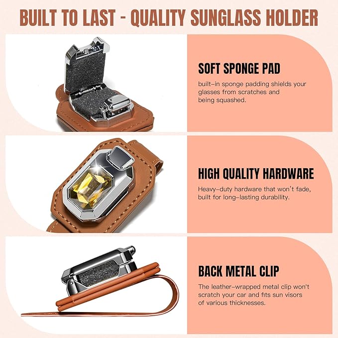 2PCS Sunglass Holder for Car Visor, Faux Leather Eyeglass Holder Clip for Car Sun Visor Organizer, Universal One Handed Operation Sun Glass Hanger, Car Interior Accessories for Women Man
