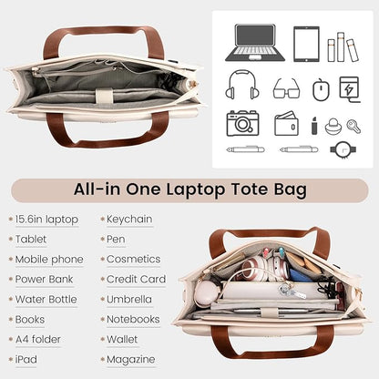 LOVEVOOK Laptop Tote for Women - 15.6 Inch Professional Leather Computer Briefcase with Waterproof Handbag Shoulder Bag Large Capacity Business Teacher Office Crossbody Purse