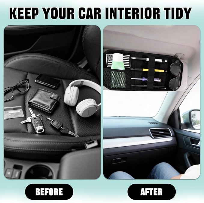 Car Visor Organizer with 3pcs Velcro Patches, Multi-Pocket Sun Visor Organizer with Zipper Storage Pouch & Adjustable Straps, Semi-Rigid Panel Storage Accessories for Truck, SUV, Most Cars (Black)