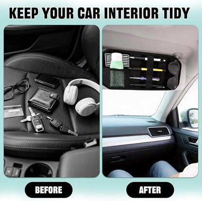 Car Visor Organizer with 3pcs Velcro Patches, Multi-Pocket Sun Visor Organizer with Zipper Storage Pouch & Adjustable Straps, Semi-Rigid Panel Storage Accessories for Truck, SUV, Most Cars (Black)