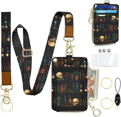 Goth Bookshelf Skull Lanyard Wallet with ID Badge Holder,Gothic RFID Wallet Women Keychain Wristlet,Witchy Skeleton Slim Credit Card Holder with Zipper Pocket Phone Lanyard Wrist Strap Office Gifts