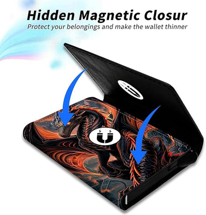 Red Dragon Minimalist Wallet for Men, Pop Up Card Case Wallet for Women, PU Leather Automatic Credit Card Holder Metal Money Clip Wallet RFID Blocking Bifold Pocket Wallet