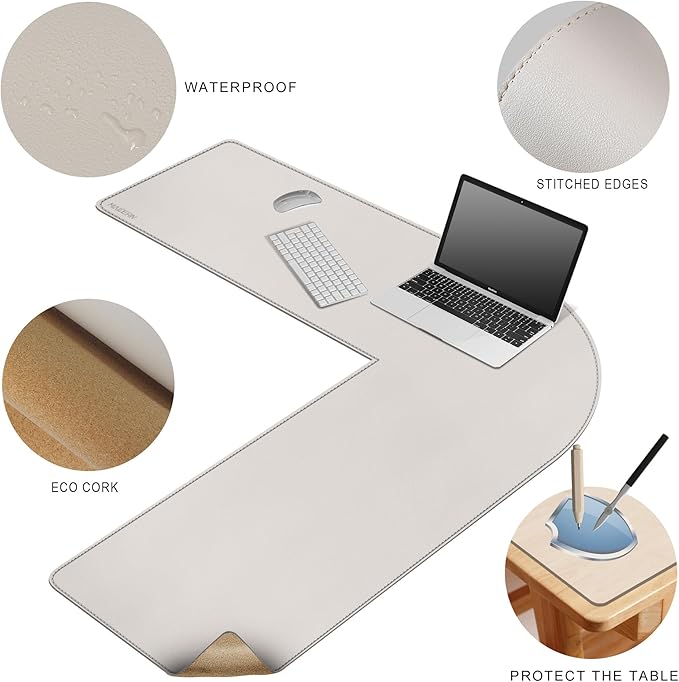 MAIDERN (43.3” + 43.3”) x 13” L Shaped Corner Desk Mat, Cork & Leather Dual Sided Desk Pad for Gaming Computer Office Home (Cream) …