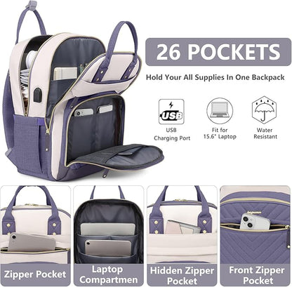 Laptop Backpack for Women Work Bag - 15.6 inch Travel Backpack Purse with USB Charger College Bookbag Waterproof Cute Casual Daypack Business Computer Backpacks for Teacher Nurse Beige Light Purple
