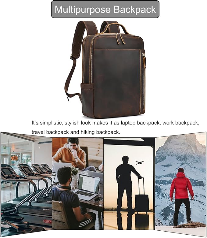 LUUFAN Genuine Leather Shoulder Bag for Men, Casual Backpack Laptop Rucksack Business Daypack Travel Outdoor Bag, Brown