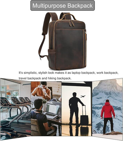 LUUFAN Genuine Leather Shoulder Bag for Men, Casual Backpack Laptop Rucksack Business Daypack Travel Outdoor Bag, Brown