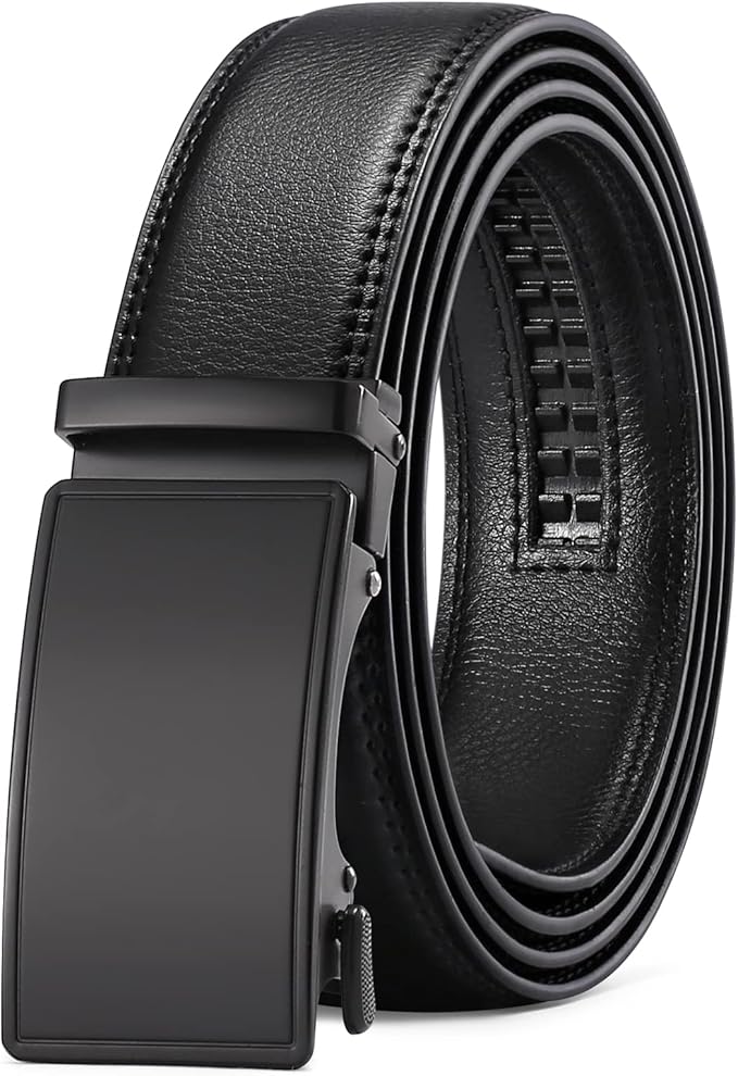 SENDEFN Men's Leather Belt Automatic Ratchet Buckle Slide Belt for Dress Casual Trim to Fit with Gift Box