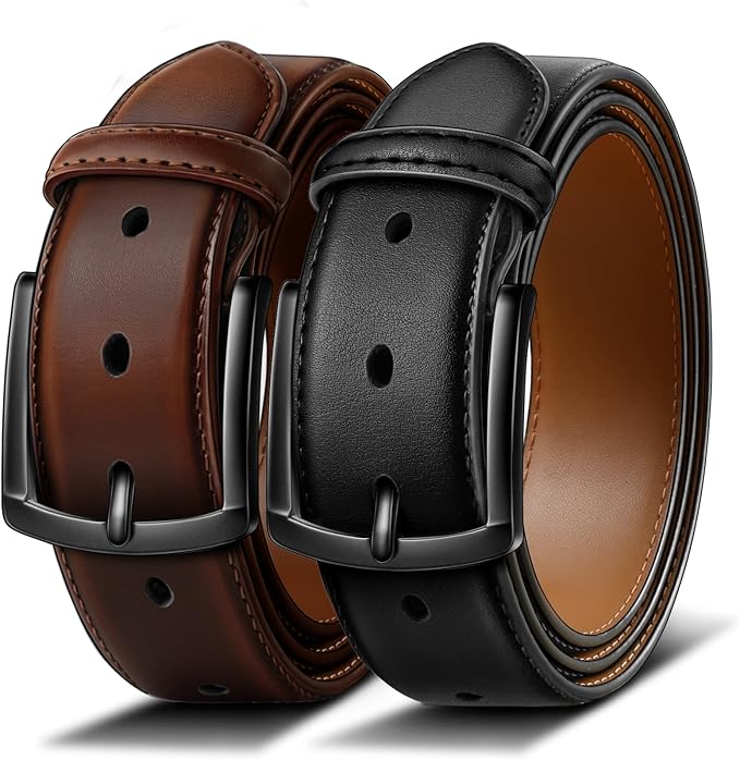 BULLIANT Men Belt 2Pack-Leather Belt 7Holes Comfortable For Men's Dress Casual Jeans 1 3/8"