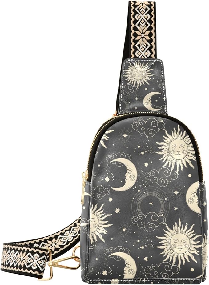 ZAZYXTJ Celestial Bohemian Moon Crossbody Sling Bag for Women Leather Small Chest Bag Adjustable Straps Daypack for Travel Sport Hiking