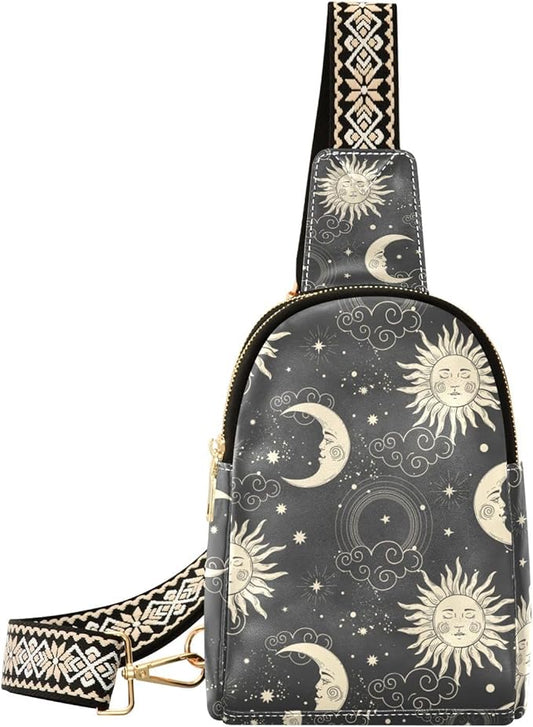 ZAZYXTJ Celestial Bohemian Moon Crossbody Sling Bag for Women Leather Small Chest Bag Adjustable Straps Daypack for Travel Sport Hiking