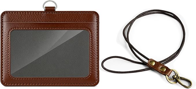 Leather ID Badge Holder with Lanyard for Women and Men, Horizontal ID Card Holder, 2 Card Slots, 22 Inch Neck Lanyard for Work, School, Office