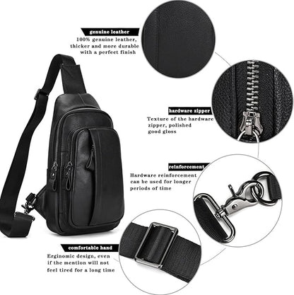 Genuine Leather Sling Bag Multi-pocket Chest Bag for Men Hiking Travel Daypack