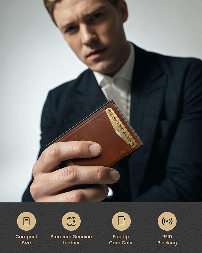 typecase Flip Pop Up Wallet for Men Card Holder: Smart Privacy & lD Display Mode, RFID Blocking, Slim Genuine Leather, Minimalist Front Pocket - 8 Cards Capacity | ID Window | Money Clip (Brown)