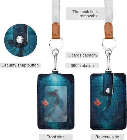 Badge Holder, Mermaid PU Leather School College Business ID Badge Card Holder Wallet Case with 1 Clear Window, 2 Credit Card Slots and Detachable Neck Lanyard - Vertical