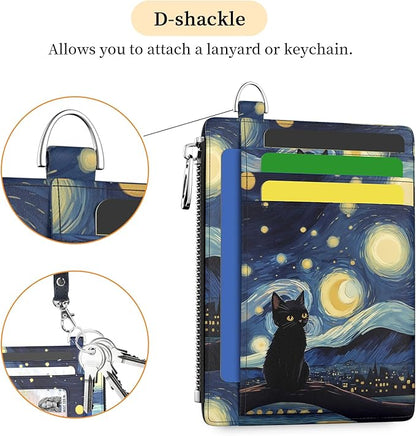 Hancynir Slim Wallet Women Credit Card Holder Black Cat Starry Night RFID Small Mini Card Case Front Pocket PU Leather Thin Travel Zipper Coin Cash ID Window Girls Wallet Gifts