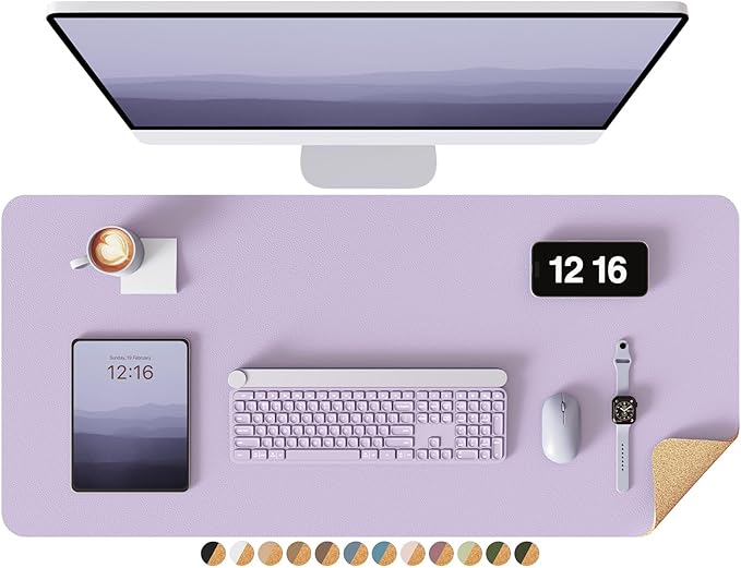 YSAGi Double-Sided Desk Pad, 31.5"x15.7"Leather Desk Mat, Eco Cork Desk Pad Protector,Large Mouse Pad,Waterproof Desk Blotter for Office/Home(Light Purple)
