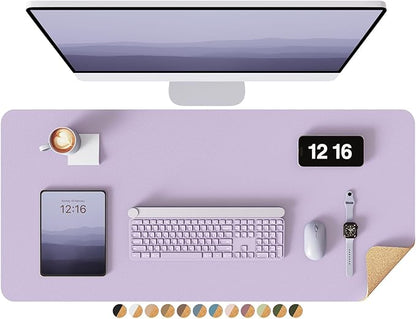 YSAGi Double-Sided Desk Pad, 31.5"x15.7"Leather Desk Mat, Eco Cork Desk Pad Protector,Large Mouse Pad,Waterproof Desk Blotter for Office/Home(Light Purple)
