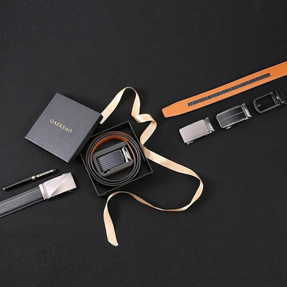 GAEKEAO Mens Belt Leather Micro-Adjust Buckle Ratchet Belts for Men Dress Casual to Formal Trim to Fit with Gift Box (35mm)