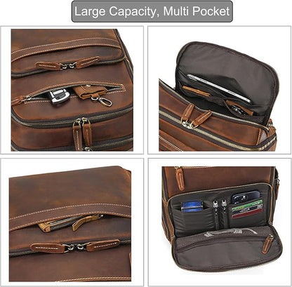 LUUFAN Full-grain Leather Brown Backpack for Men, 15.6 Inch Laptop Shoulder Bag Large Capacity Rucksack Business Daypack Travel Outdoor Bag with Trolley Sleeve