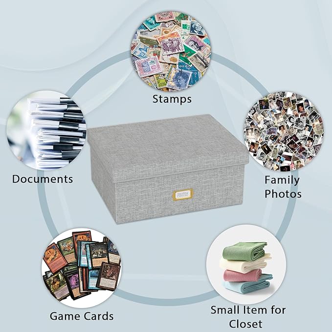 Decorative Photo Storage Box - Linen Photo Box Organizer with Dividers, Fits Holds Up to 1700 Pictures and 5x7 Photos, Memory Keepsake Organizer for Photos, Scrapbook Supplies, Cards, Stamps (Grey)
