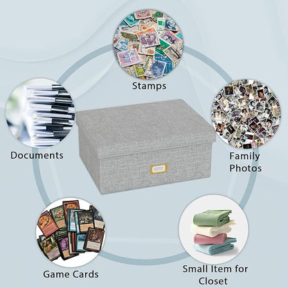 Decorative Photo Storage Box - Linen Photo Box Organizer with Dividers, Fits Holds Up to 1700 Pictures and 5x7 Photos, Memory Keepsake Organizer for Photos, Scrapbook Supplies, Cards, Stamps (Grey)