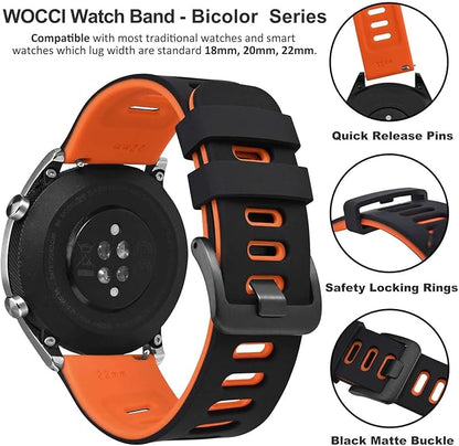 WOCCI 20mm Bicolor Watch Band, Silicone Rubber, Quick Release Replacement Strap for Men and Women, Black Stainless Steel Buckle (Black-Orange)