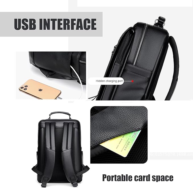 CHAO RAN Laptop Backpack for Men Leather Travel Backpack Carry on Flight Approved-Waterproof Medium Backpack Fit 15.6 Inch Notebook for College Business Office Bag with USB Charging Port
